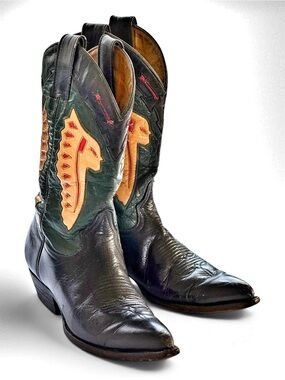 Montana Vintage cowboy boots black and green with inlay size 7.5 *has flaws